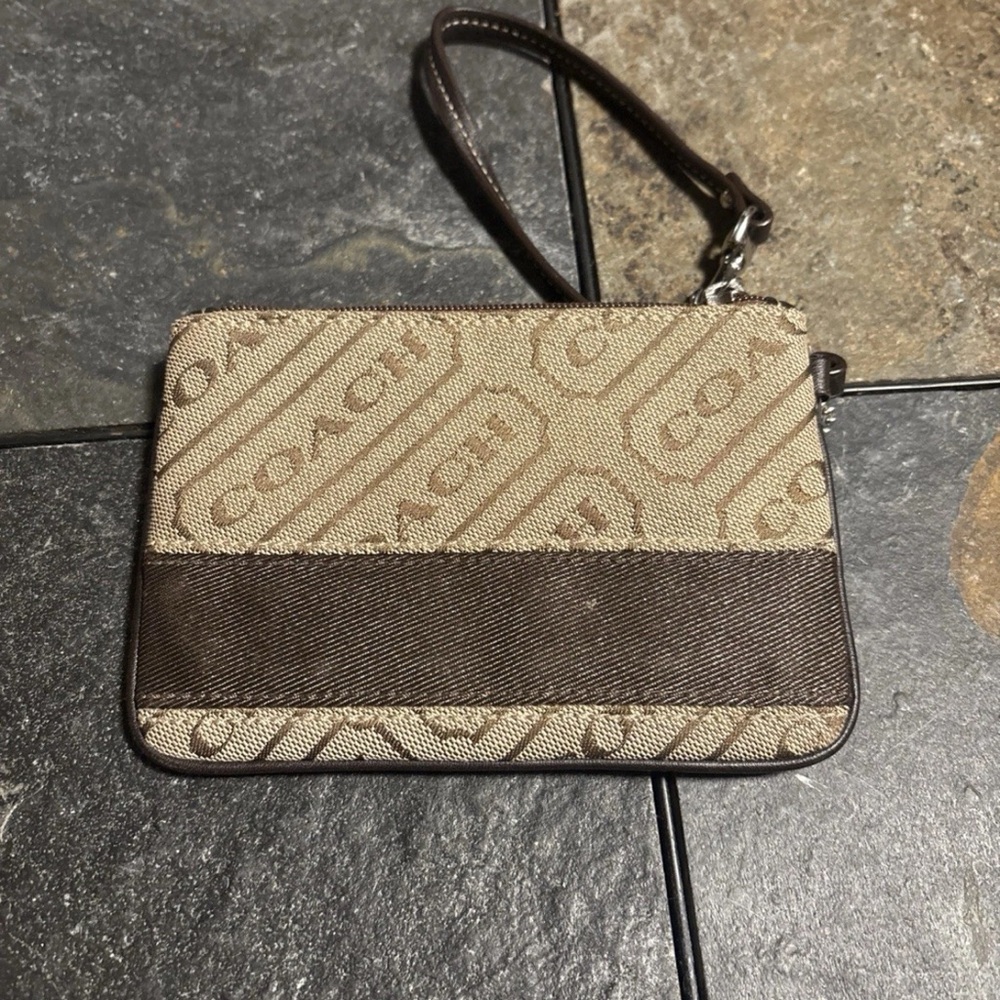 Coach Signature Beige and Dark Brown Wristlet